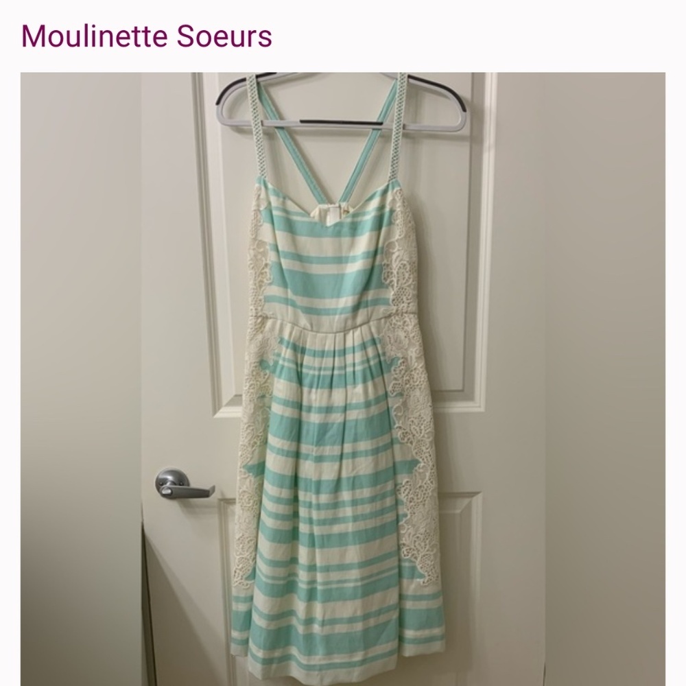 NWT MOULINETTE SOEURS Mint Cream Striped Midi Dress with Lace Anthropologie xs 0 - Picture 2 of 3